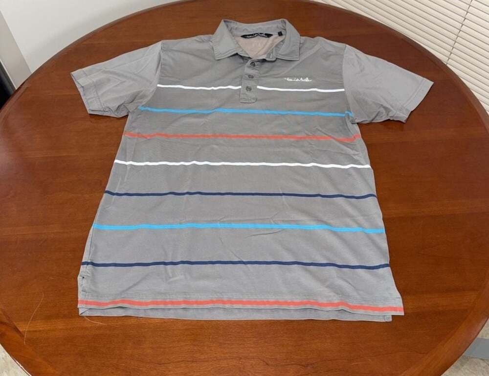 TravisMathew Men's Size M Gray Striped Pima Cotton Blend Polo Shirt